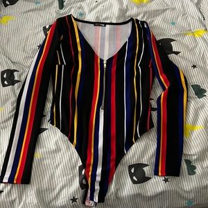 Super cute striped zip up thong body suit